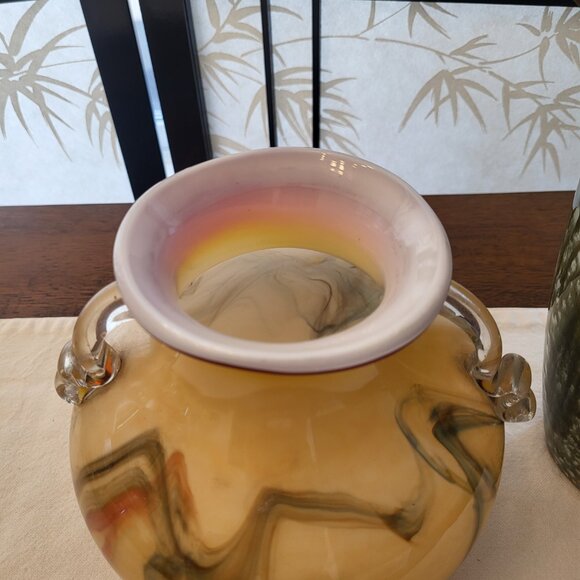 Rare 70s Dalian Art Glass Double Handled Vase - Picture 4 of 5